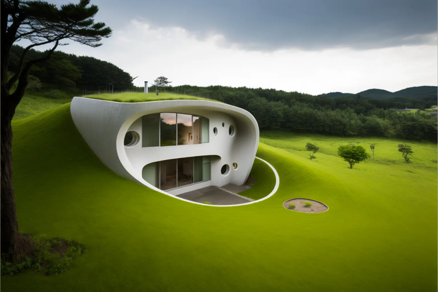 organic house embedded into a grassy hill, designed by Kazuyo Sejima and Ryue Nishizawa, architectural photography, style of archillect, futurism, modernist architecture